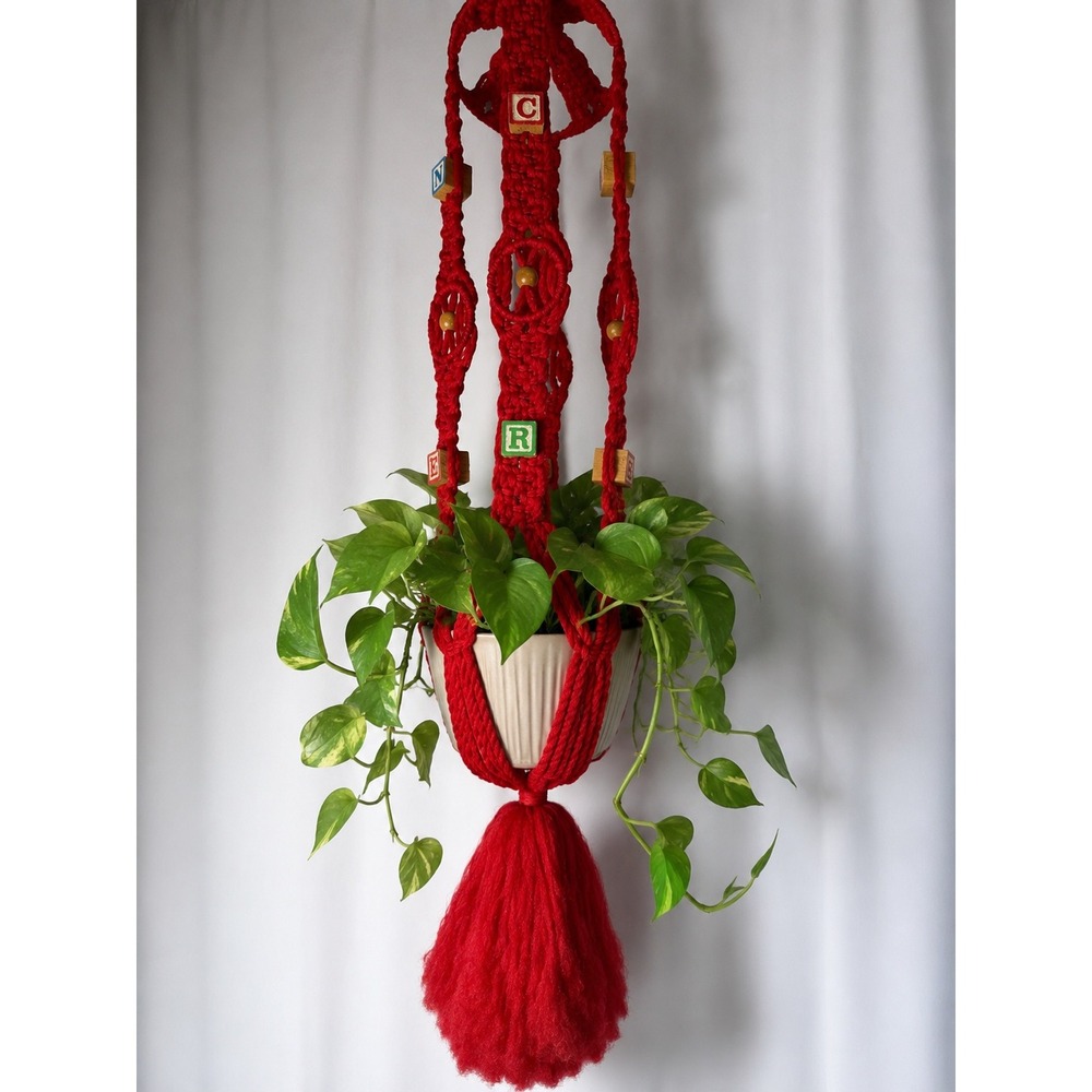 Vintage Red Macrame Plant Hanger with Wooden Alphabet Blocks and Tassel 47 Inch